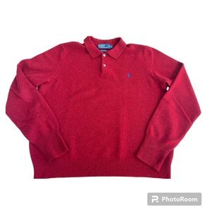 EUC Polo Ralph Lauren Sweater Mens Red Lambs Wool Collared Pullover Shirt XL
